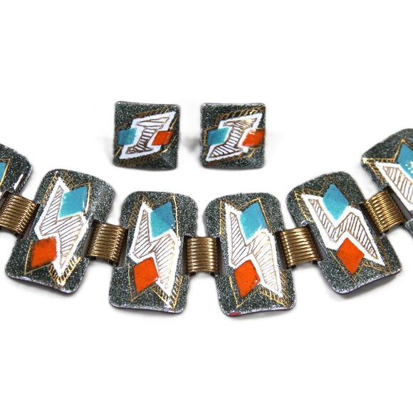 VINTAGE MCM MID CENTURY MODERN COPPER ENAMEL BRACELET & EARRING SET - Picture 1 of 2